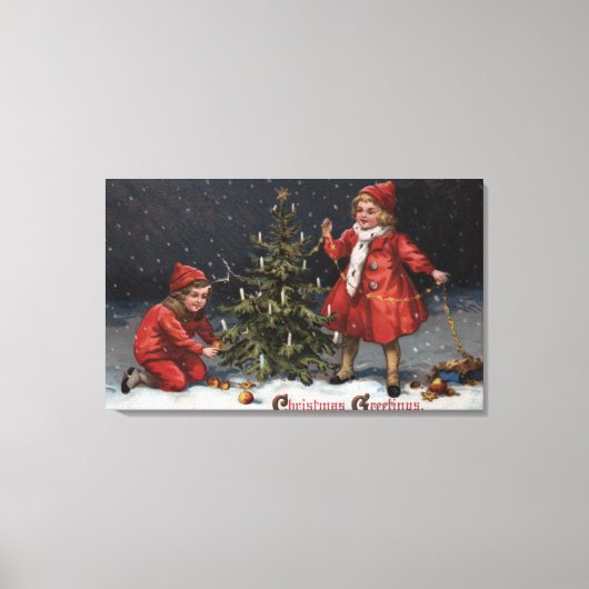 KerstgroetenKinderen die een boom decorteren Canvas Afdruk (Voorkant)