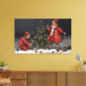 KerstgroetenKinderen die een boom decorteren Canvas Afdruk (Insitu (Woonkamer))