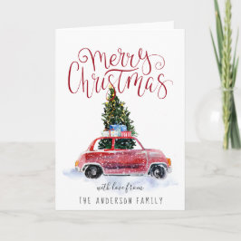Kerstgroetkaart met vintage rode auto feestdagen kaart