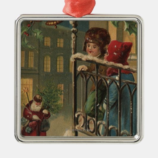 KerstgroetKinderen die de kerstman bekijken Metalen Ornament (Voorkant)