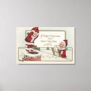 KerstgroetKleine kinderenChimney Canvas Afdruk