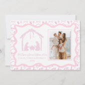 Kerstgruß bij de kerststal, gezinsfoto met de fees feestdagenkaart (Voorkant)