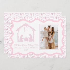 Kerstgruß bij de kerststal, gezinsfoto met de fees feestdagenkaart