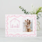 Kerstgruß bij de kerststal, gezinsfoto met de fees feestdagenkaart (Staand voorkant)