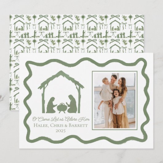 Kerstgruß in de stijl van een kerststal, gezinsfot feestdagenkaart (Voorkant / Achterkant)