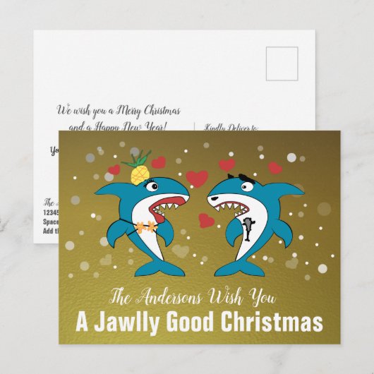 Kersthaaien Goud Gepersonaliseerde Typografie Feestdagenkaart (Voorkant / Achterkant)