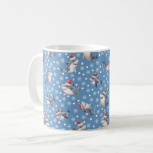 Kersthaaien & Sneeuwvlokken op Blauw Koffiemok