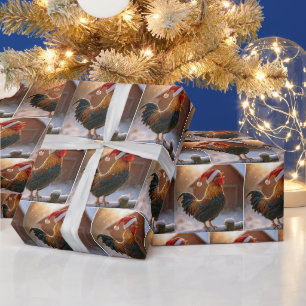 Kersthaan kraaiend op een besneeuwd hek cadeaupapier