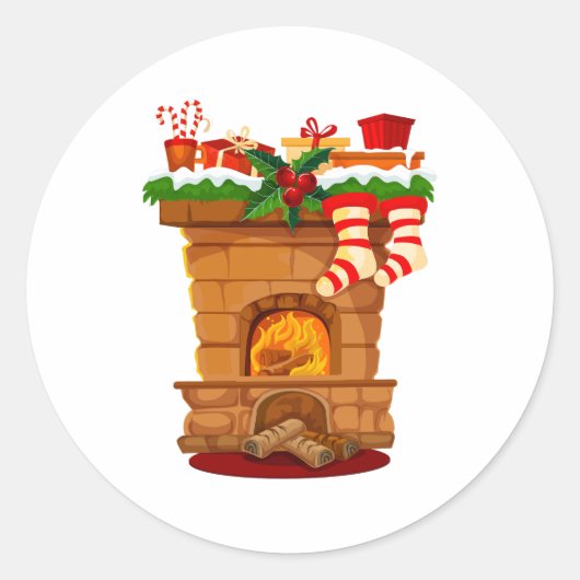 Kersthaard met decoraties en kousen ronde sticker (Voorkant)