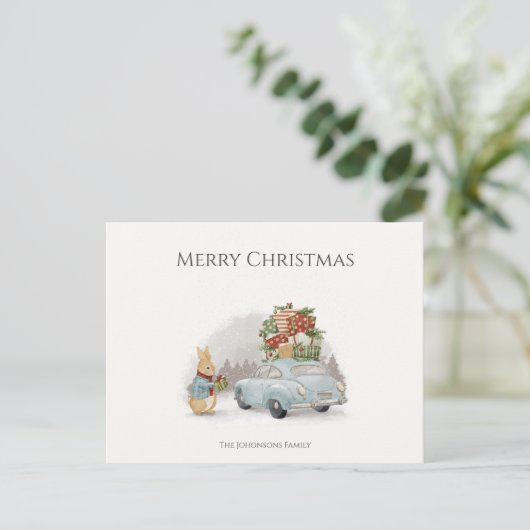 Kersthaas Peter en Auto Briefkaart (Staand voorkant)