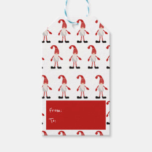 kersthand met gnome Nordic Pattern Red Gray Cadeaulabel
