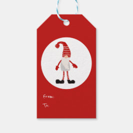 kersthand met gnome Nordic Pattern Red Gray Cadeaulabel