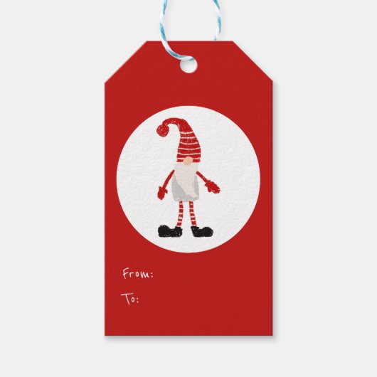 kersthand met gnome Nordic Pattern Red Gray Cadeaulabel (Voorkant)