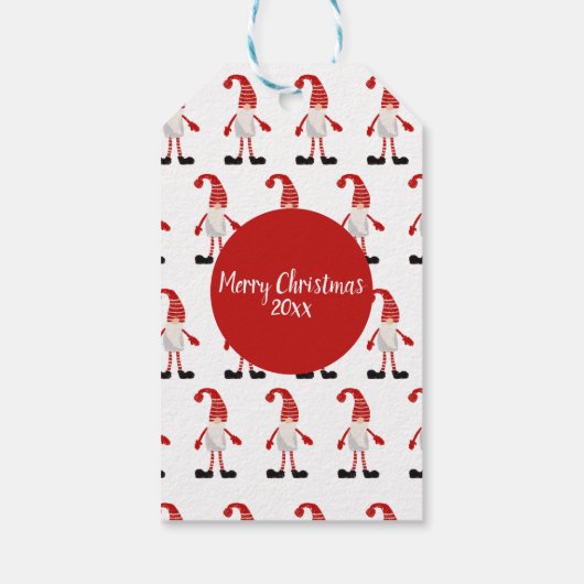 kersthand met gnome Nordic Pattern Red Gray Cadeaulabel (Achterkant)