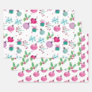 kersthand Waterkleurige sierplanten Snowflakes Inpakpapier Vel