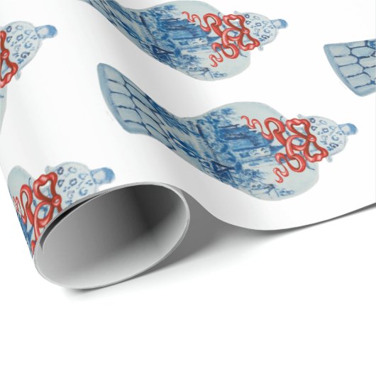 Kersthandschilderen Blauw en Witte Ginger Jar Cadeaupapier (Rol Hoek)