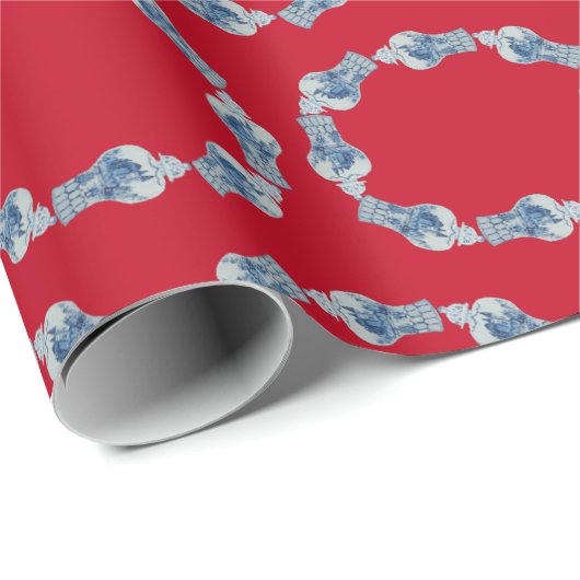 Kersthandschilderen Blauw en Witte Ginger Jar Cadeaupapier (Rol Hoek)