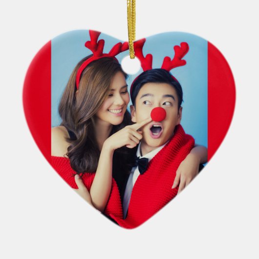 Kersthart met jaarlijkse aangepaste foto op rood keramisch ornament (Voorkant)