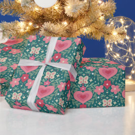 Kersthartjes & Bloemen – Zachte Rood, Groen & Goud Cadeaupapier