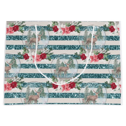 Kerstherensneeuwbal, poinsettias groot cadeauzakje (Voorkant)