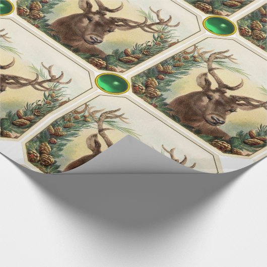 KERSTHERT, DENNENKEGEL KRONEN, GROENE EDELSTENEN CADEAUPAPIER (Hoek)