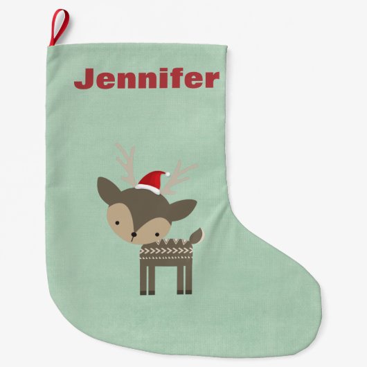 Kersthert in een rode kerstmuts Retro Custom Grote Kerstsok (Voorkant)