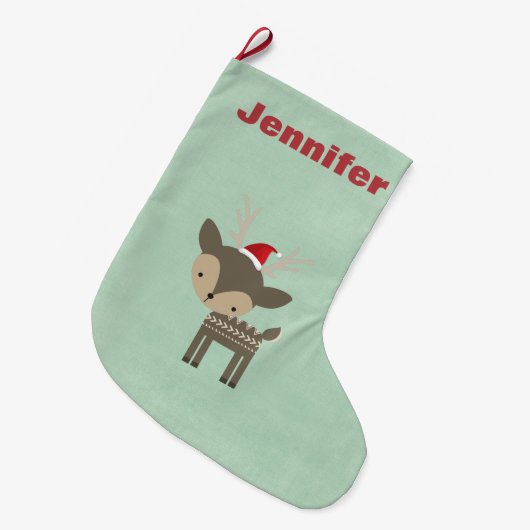 Kersthert in een rode kerstmuts Retro Custom Grote Kerstsok (Voorkant (Hangend))