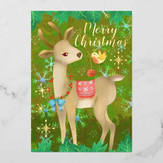 Kersthert met vogel. folie feestdagenkaart (Voorkant)