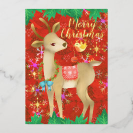 Kersthert met vogel. Rood.  Folie Feestdagenkaart