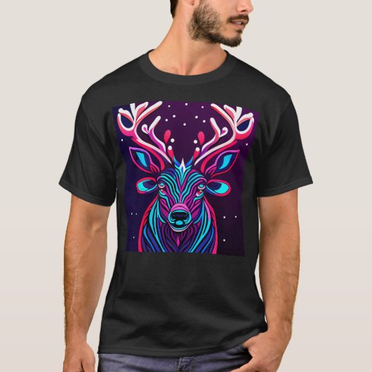 Kersthert Neon Deer Kerstrendier Gehoornd T-shirt (Voorkant)