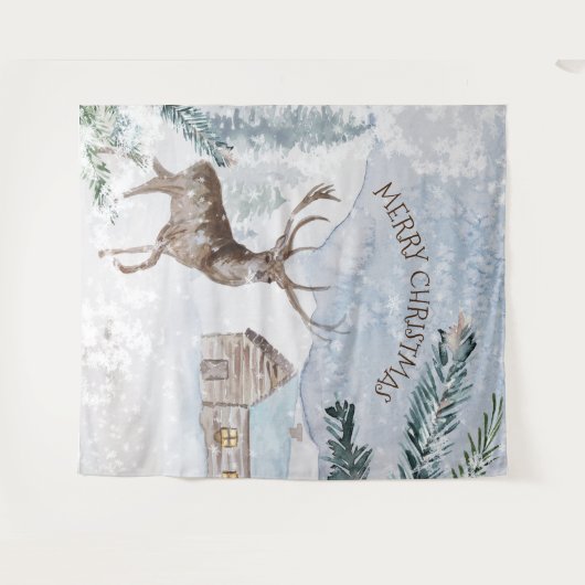 Kerstherten in besneeuwde bossen wandkleed (Voorkant (horizontaal))