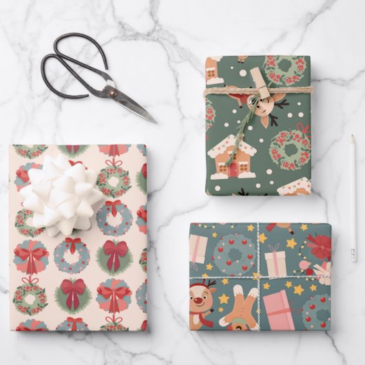 Kerstherten, krans en peperkoek patroon inpakpapier vel (Voorkant)