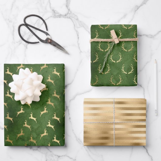 Kerstherten Patronen Groen Goud Inpakpapier Vel (Voorkant)
