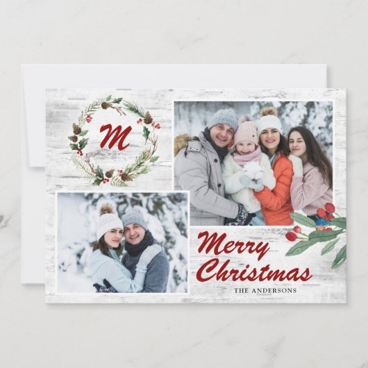 KerstHolly 2 FOTOS Collage Bark Feestdagenkaart (Voorkant)