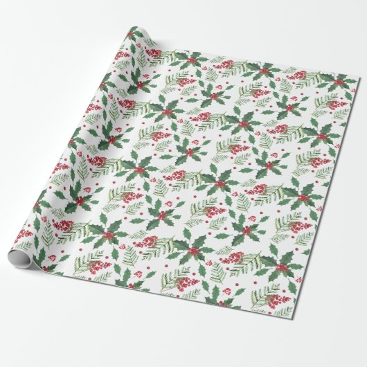 KerstHolly Berries Cadeaupapier (Uitgerold)