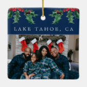 KerstHolly Berry Eenvoudige Aangepaste Foto Blauw Keramisch Ornament (Achterkant)