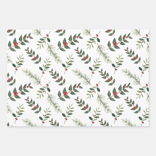 KerstHolly Berry en Pine Branches White Inpakpapier Vel (Voorkant 3)
