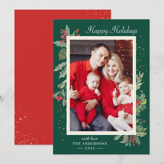 KerstHolly Berry Floral Gold Confetti Feestdagenkaart (Voorkant / Achterkant)