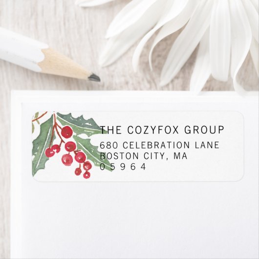 KerstHolly Berry Return Address Etiket (Insitu)