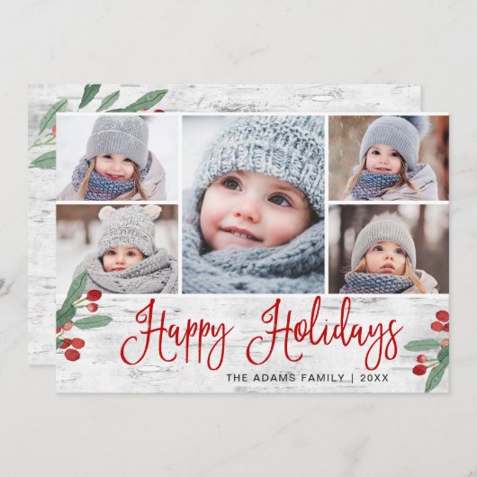 KerstHolly Berry Rustic Birch 5 FOTO Feestdagenkaart (Voorkant / Achterkant)