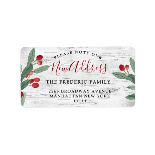 KerstHolly Berry & Rustic Birch Nieuw adres Etiket (Voorkant)