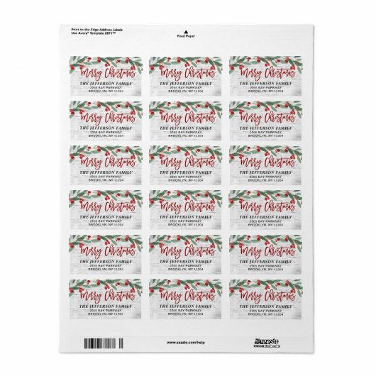 KerstHolly Berry Rustic Birch Return Address Etiket (Full Sheet)