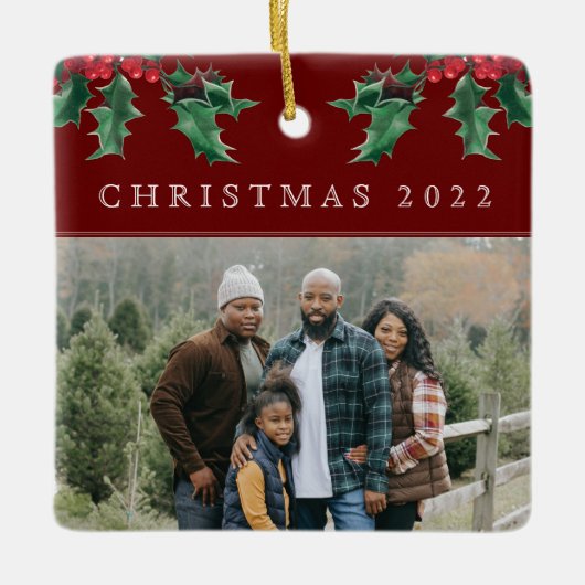 KerstHolly Berry Simple Custom Photo Red Keramisch Ornament (Voorkant)