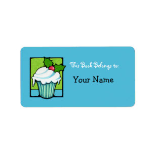 KerstHolly Cupcake blue Bookplaat Label