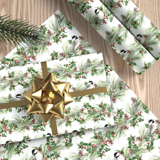 KerstHolly en Pine Chickadees Cadeaupapier