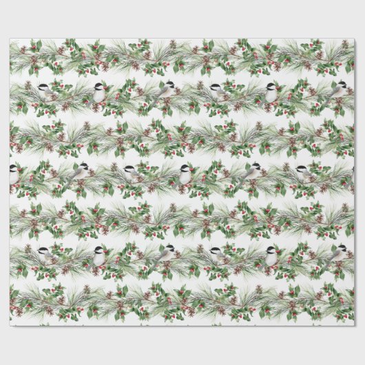 KerstHolly en Pine Chickadees Cadeaupapier (Vlak)