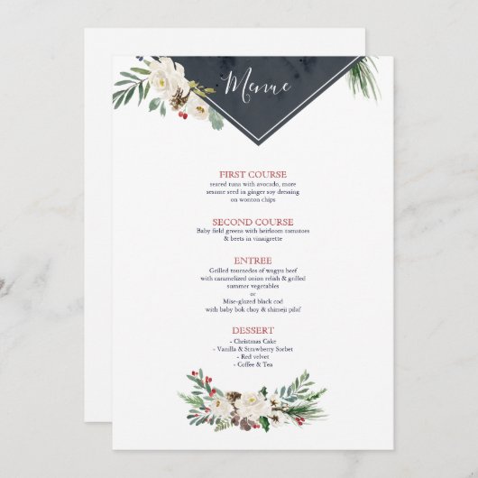 KerstHolly en White Roses Bouquet Lijst Menu (Voorkant / Achterkant)