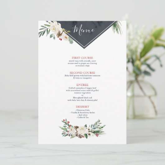 KerstHolly en White Roses Bouquet Lijst Menu (Staand voorkant)