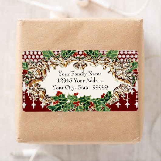 KerstHolly Foliage Red Gold Ribbon Lace Etiket (Insitu)