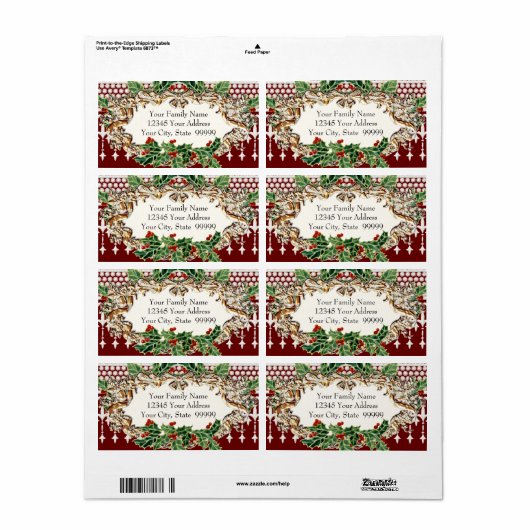 KerstHolly Foliage Red Gold Ribbon Lace Etiket (Full Sheet)